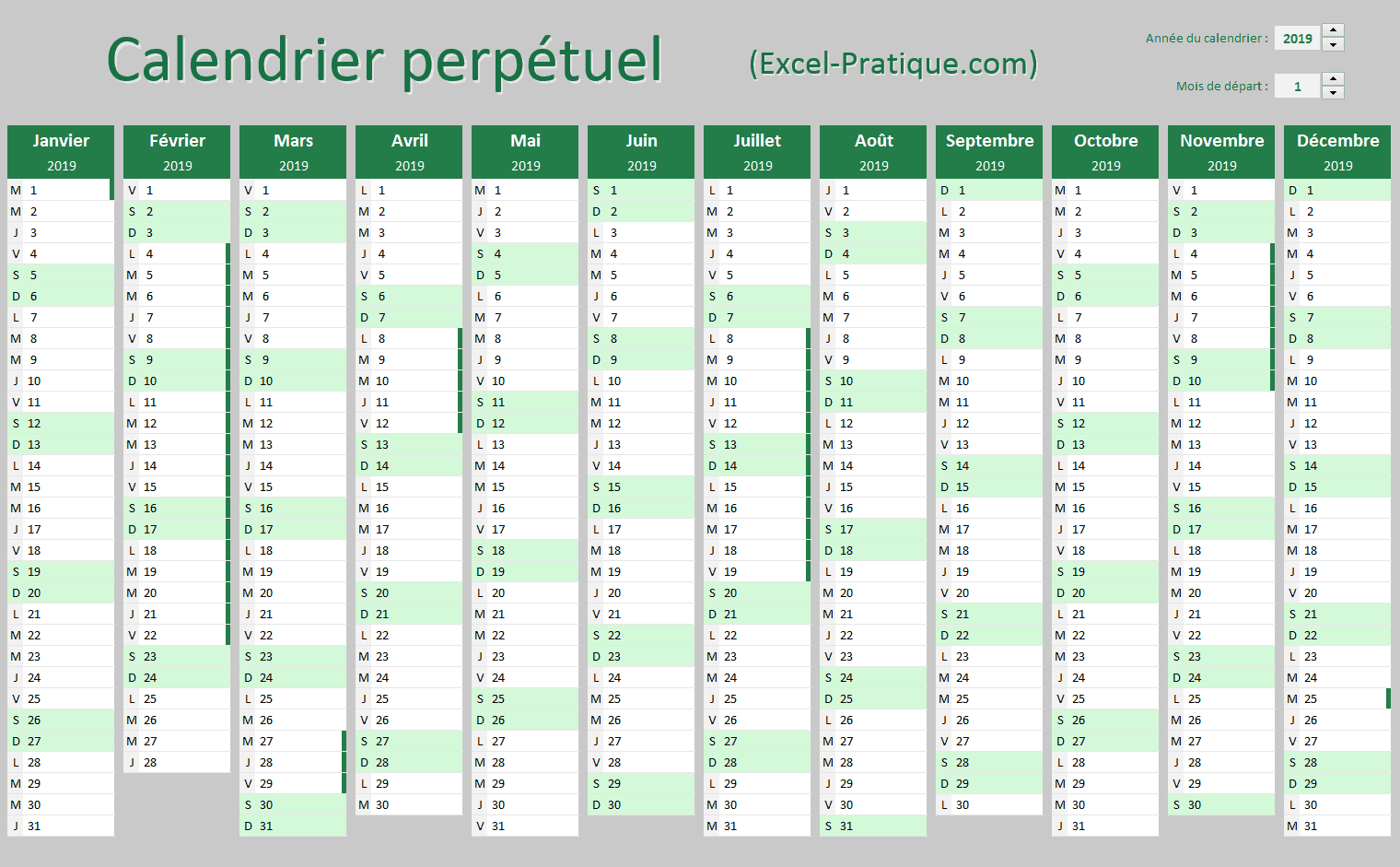 Calendrier perpétuel Excel (+ Google Sheets)