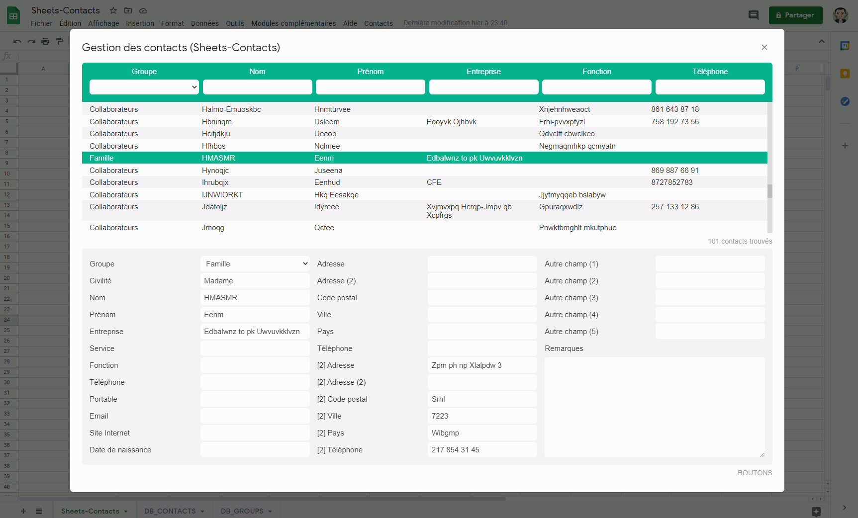 google sheets contacts gestion